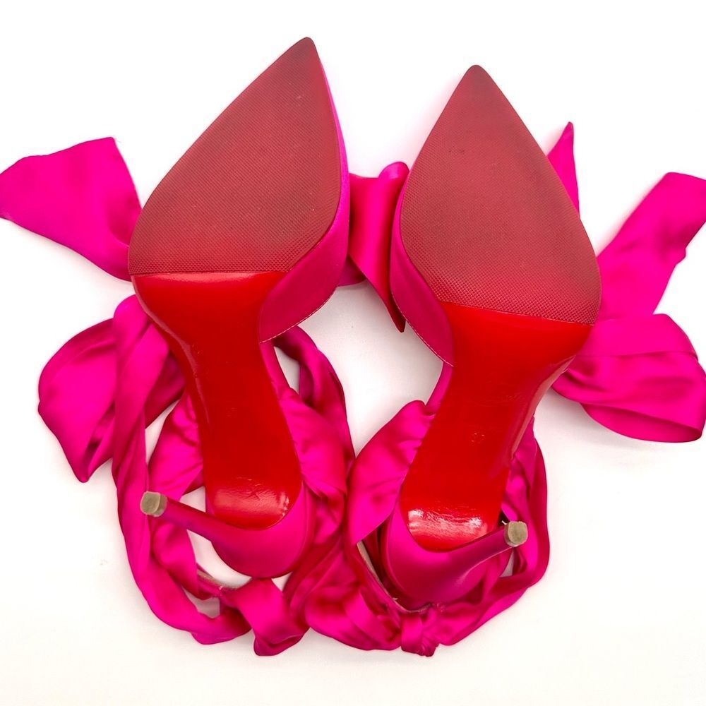 CHRISTIAN LOUBOUTIN Satin Douce Du Desert 100 Heels Rose Pink Ankle Tie EU37 US7 - Picture 8 of 16